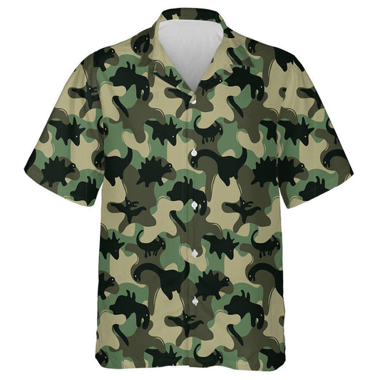 Black Dinosaur Skeletons Silhouette Green Camo Pattern Hawaiian Shirt, Hawaiian Shirt Gift, Christmas Gift