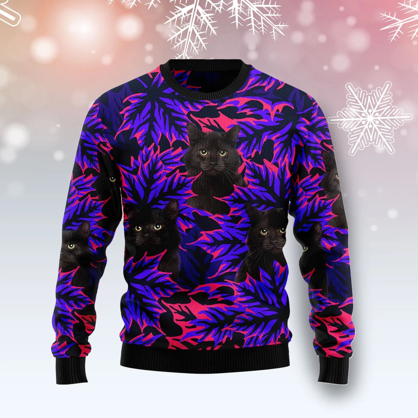 Black Cat Leaves unisex womens & mens, couples matching, friends, funny family ugly christmas holiday sweater gifts