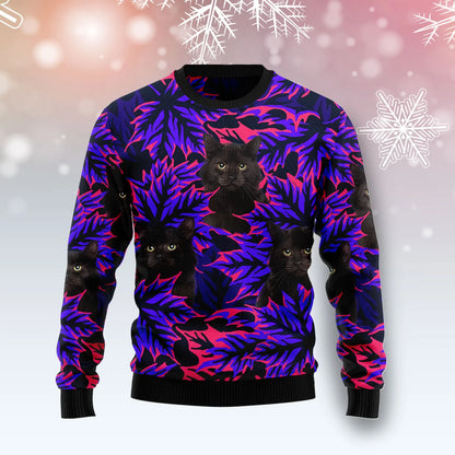 Black Cat Leaves unisex womens & mens, couples matching, friends, funny family ugly christmas holiday sweater gifts