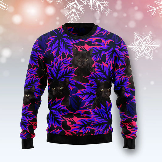 Black Cat Leaves unisex womens & mens, couples matching, friends, funny family ugly christmas holiday sweater gifts