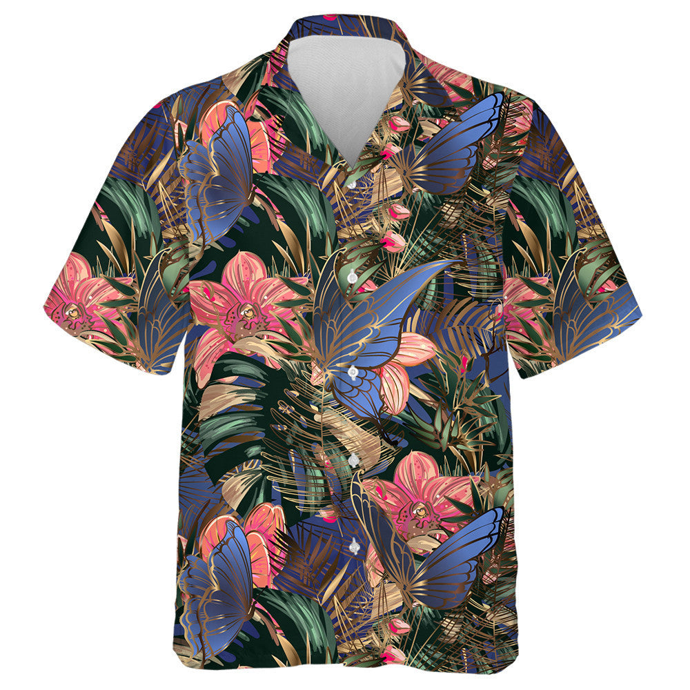 Theme Golden Tropical Leaves With Orchids And Butterflies Hawaiian Shirt, Hawaiian Shirt Gift, Christmas Gift
