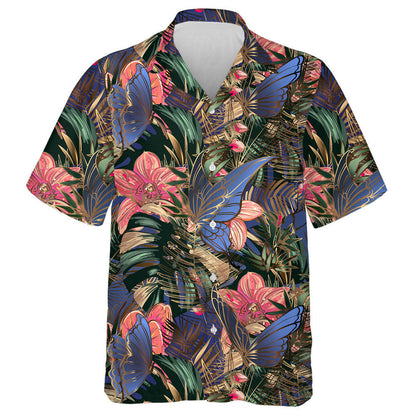 Theme Golden Tropical Leaves With Orchids And Butterflies Hawaiian Shirt, Hawaiian Shirt Gift, Christmas Gift