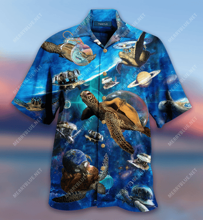 Turtle Flying Through Space Hawaiian Aloha Shirt Hawaiian Shorts Beach Short Sleeve, Hawaiian Shirt Gift, Christmas Gift