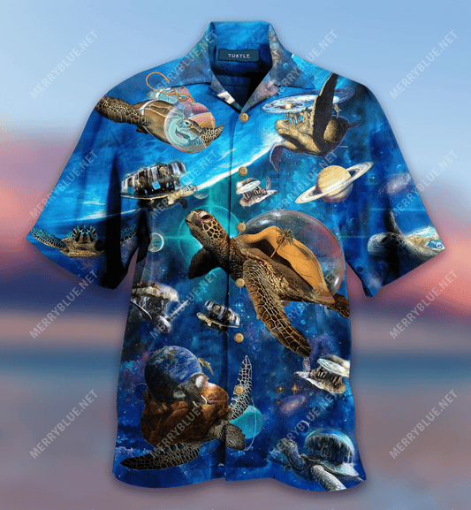 Turtle Flying Through Space Hawaiian Aloha Shirt Hawaiian Shorts Beach Short Sleeve, Hawaiian Shirt Gift, Christmas Gift