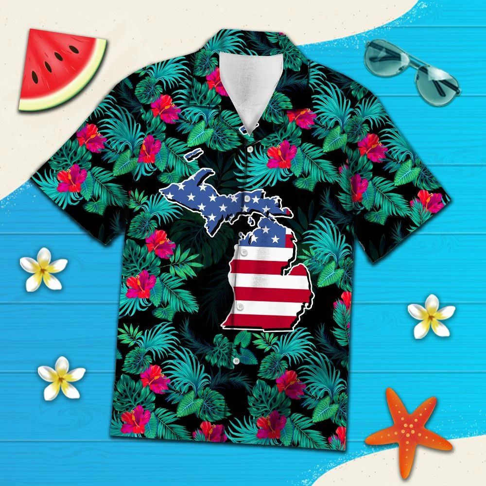 Hawaiian Shirt Michigan Map Among Tropical Flowers And Leaves, Hawaiian Shirt Gift, Christmas Gift