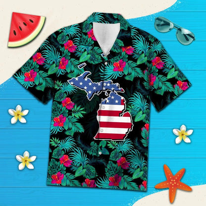 Hawaiian Shirt Michigan Map Among Tropical Flowers And Leaves, Hawaiian Shirt Gift, Christmas Gift