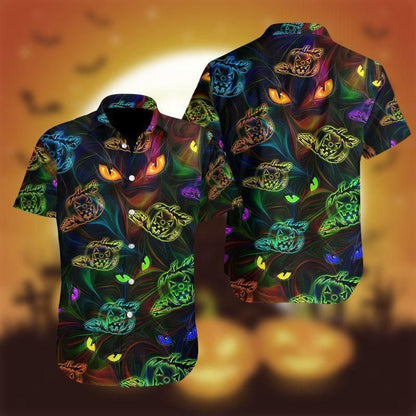Halloween Colorful Light Cat And Pumpkin Background Hawaiian Shirt, Hawaiian Shirt Gift, Christmas Gift