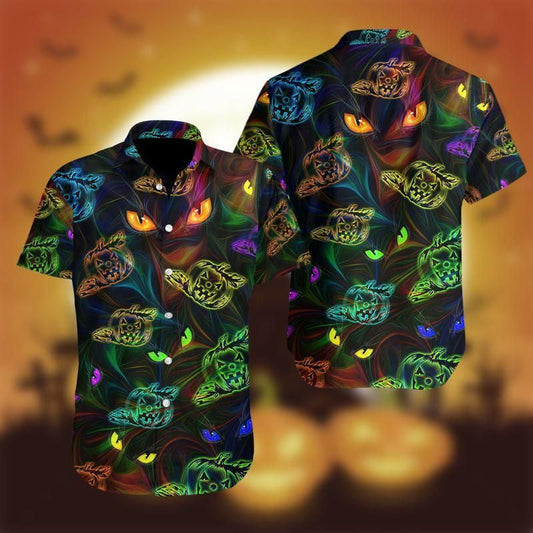 Halloween Colorful Light Cat And Pumpkin Background Hawaiian Shirt, Hawaiian Shirt Gift, Christmas Gift