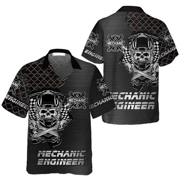 Cool Skull Mechanic Engineer Net Dark Grey Background Hawaiian Shirt, Hawaiian Shirt Gift, Christmas Gift