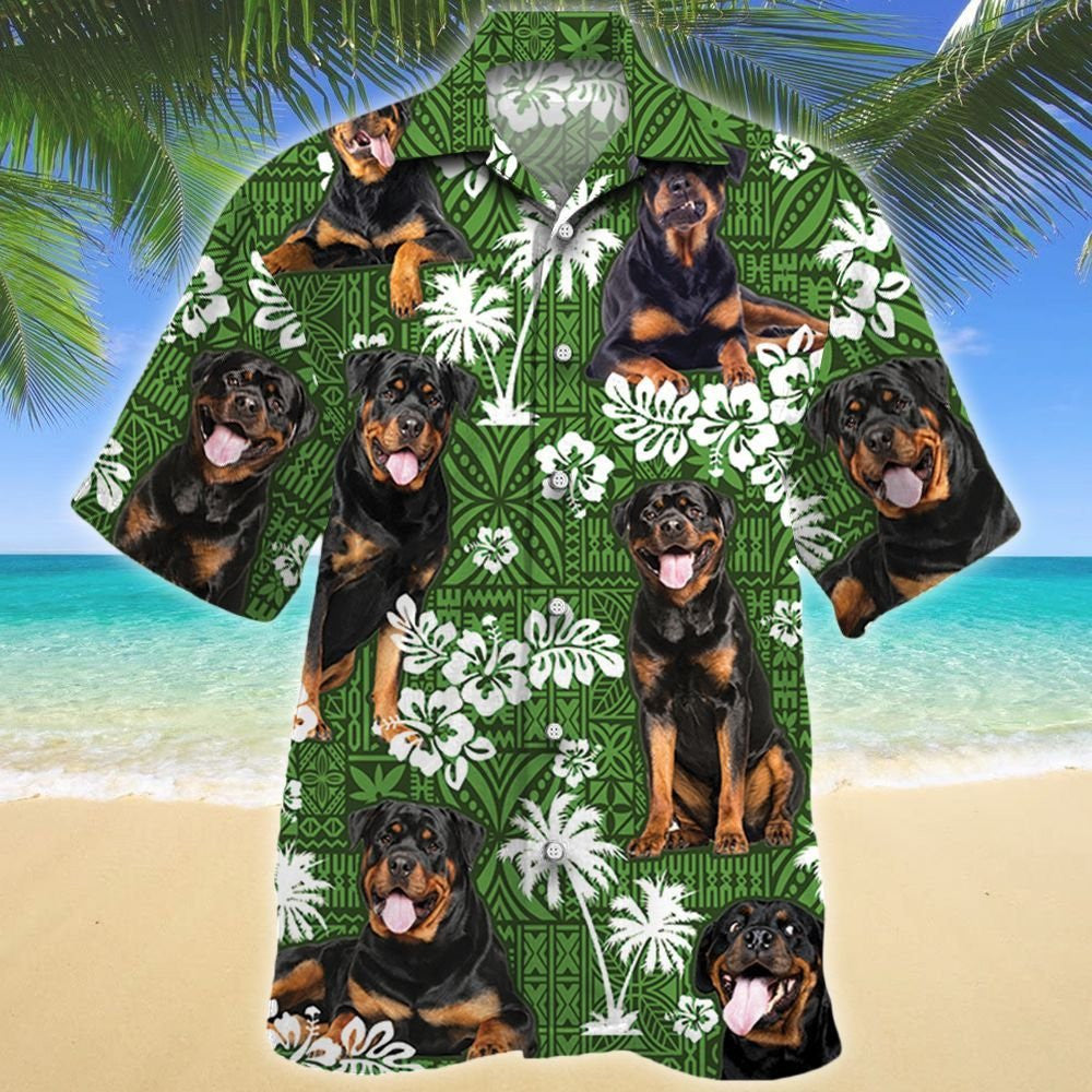 Rottweiler Dog Tongue Out On Green Tribal Pattern Hawaiian Shirt, Hawaiian Shirt Gift, Christmas Gift