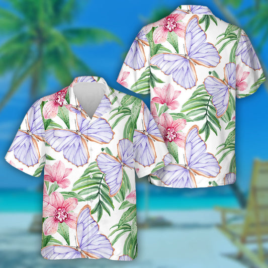 Tropical Butterflies And Pink Orchids On White Hawaiian Shirt, Hawaiian Shirt Gift, Christmas Gift