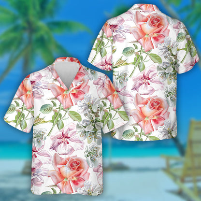 Watercolor Orange Pink Roses Flower Branches Art Design Hawaiian Shirt, Hawaiian Shirt Gift, Christmas Gift