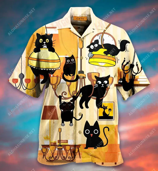 Cats Swing Chandeliers Short Short Sleeve Shirt Vacation Aloha Shirt Vintage Hawaiian Shirts Funny Hawaiian Shirts, Hwaiian For Gift