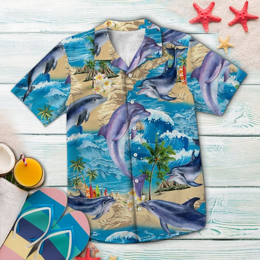 Awesome Dolphin Summer Vacation Ocean Wave Pattern Hawaiian Shirt, Hawaiian Shirt Gift, Christmas Gift