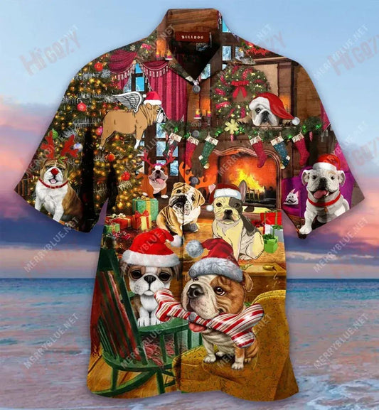 Christmas With Bulldog Short Hawaiian Shirt Ocean Hawaiian T Shirts Custom Hawaiian Shirts Hawaiian Shirts For Women, Hawaiian Shirt Gift, Christmas Gift