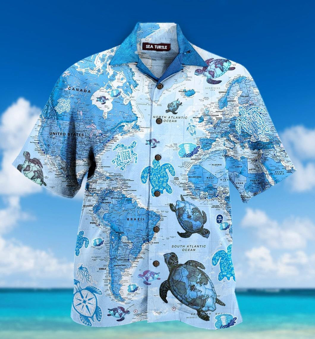 Blue Turtle In Map Design Hawaiian Shirt, Hawaiian Shirt Gift, Christmas Gift