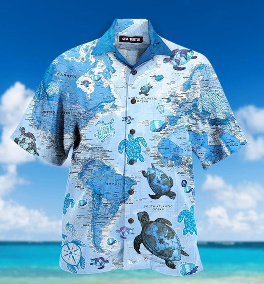 Blue Turtle In Map Design Hawaiian Shirt, Hawaiian Shirt Gift, Christmas Gift