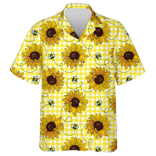 Cute Flying Bees And Sunflowers On Yellow Checkered Background Hawaiian Shirt, Hawaiian Shirt Gift, Christmas Gift