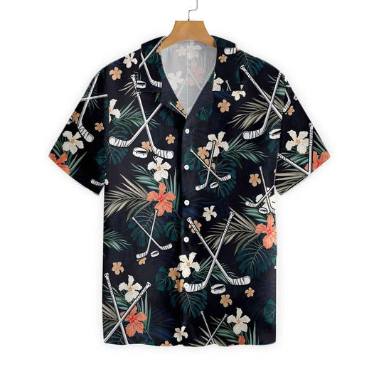 Hockey Tropical Hibiscus Plumeria Black Blue Design Hawaiian Shirt, Hawaiian Shirt Gift, Christmas Gift