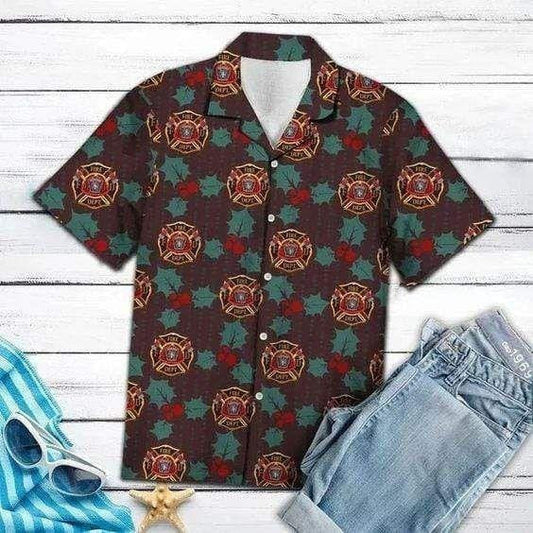 Cool Christmas Firefighter Logo Design Hawaiian Shirt, Hawaiian Shirt Gift, Christmas Gift