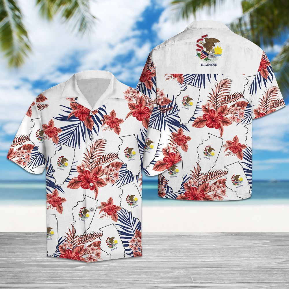 Illinois Map With Red Hibiscus And Leaves Hawaiian Shirt, Hawaiian Shirt Gift, Christmas Gift