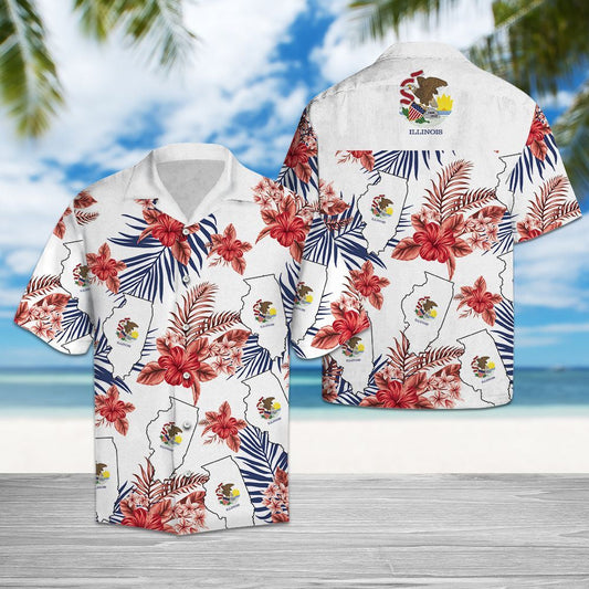 Illinois Map With Red Hibiscus And Leaves Hawaiian Shirt, Hawaiian Shirt Gift, Christmas Gift