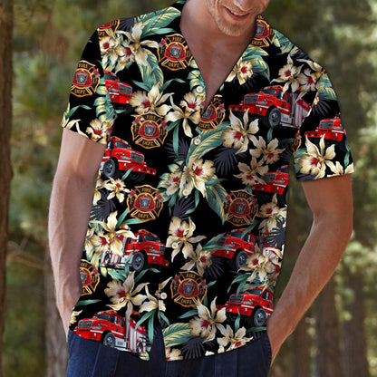 Firefighter Logo With Floral Outstanding Design Hawaiian Shirt,Hawaiian Shirt Gift, Christmas Gift