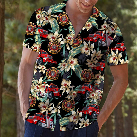 Firefighter Logo With Floral Outstanding Design Hawaiian Shirt,Hawaiian Shirt Gift, Christmas Gift