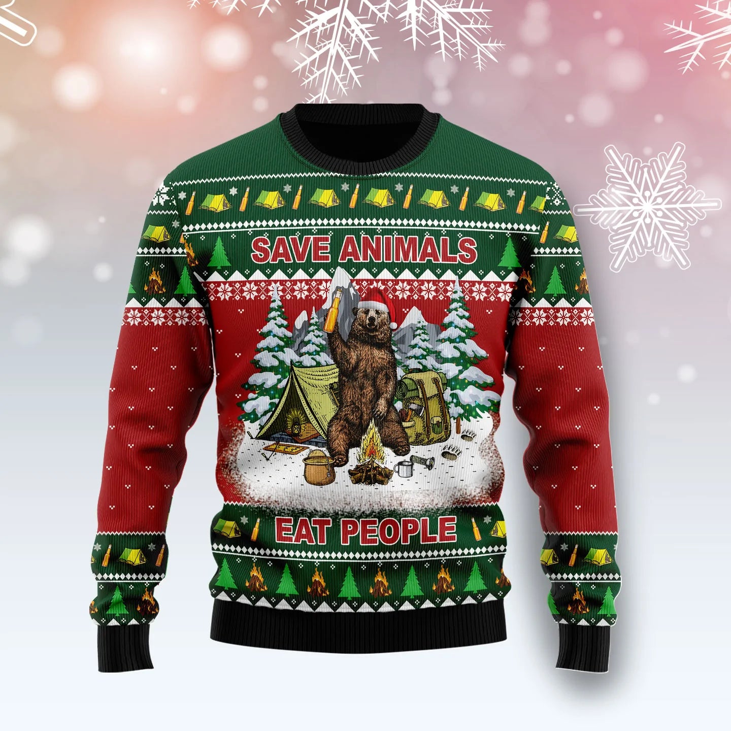 Save Animals, Eat People Bear unisex womens & mens, couples matching, friends, funny family ugly christmas holiday sweater gifts, Christmas Ugly Sweater
