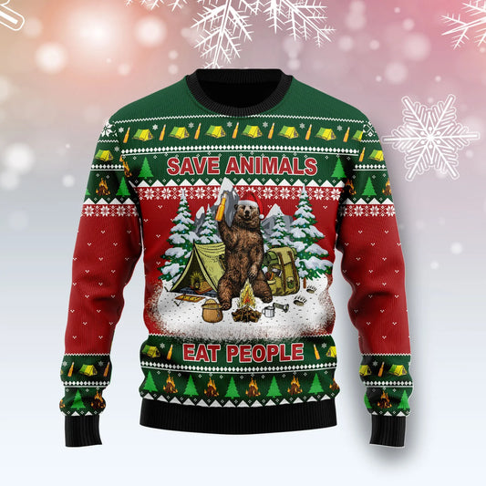 Save Animals, Eat People Bear unisex womens & mens, couples matching, friends, funny family ugly christmas holiday sweater gifts, Christmas Ugly Sweater