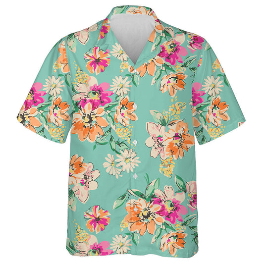 Sketched Beautiful Flower Branches On Turquoise Background Design Hawaiian Shirt, Hawaiian Shirt Gift, Christmas Gift
