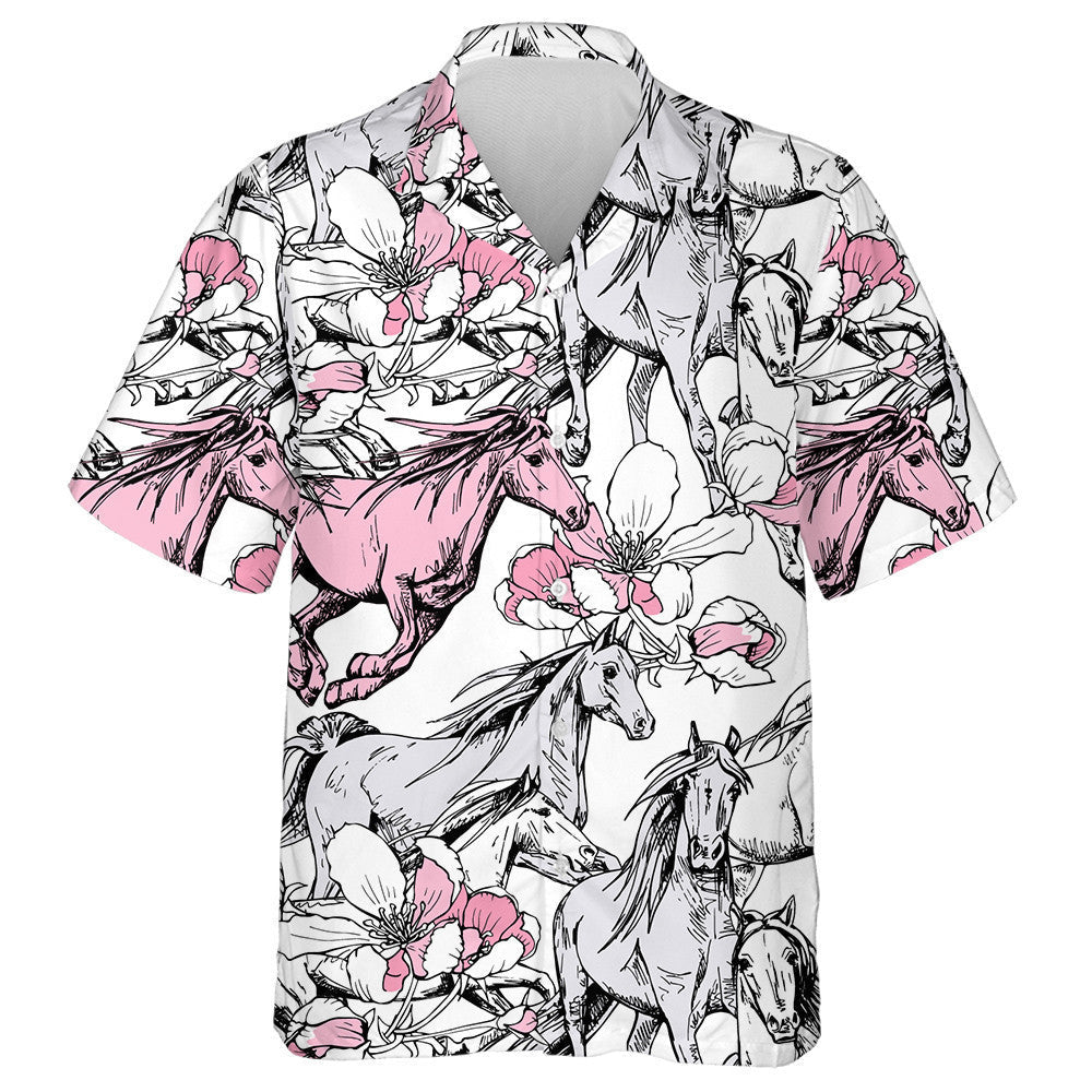 The Running Beautiful Horses And Pink Cherry Flowers Hawaiian Shirt, Hawaiian Shirt Gift, Christmas Gift