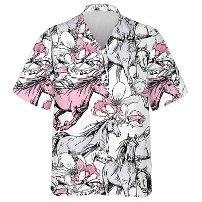 The Running Beautiful Horses And Pink Cherry Flowers Hawaiian Shirt, Hawaiian Shirt Gift, Christmas Gift