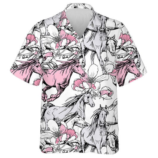 The Running Beautiful Horses And Pink Cherry Flowers Hawaiian Shirt, Hawaiian Shirt Gift, Christmas Gift