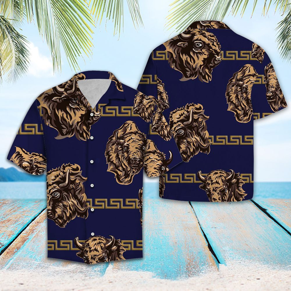Awesome Western Bison Head On Navy Themed Pattern Hawaiian Shirt, Hawaiian Shirt Gift, Christmas Gift