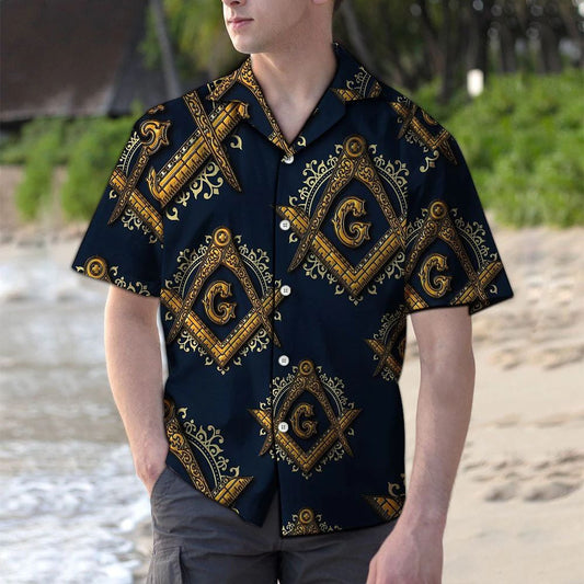 The Masonic Square And Compasses On Black Background Hawaiian Shirt, Hawaiian Shirt Gift, Christmas Gift