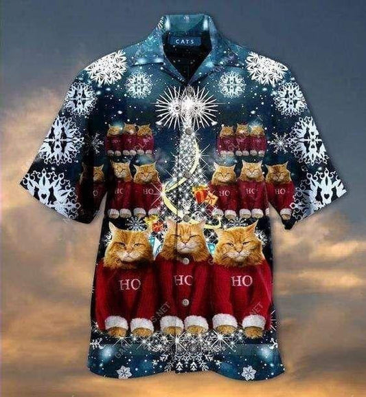Christmas Cat Ho Ho Ho Vintage Style Design Hawaiian Shirt, Hawaiian Shirt Gift, Christmas Gift