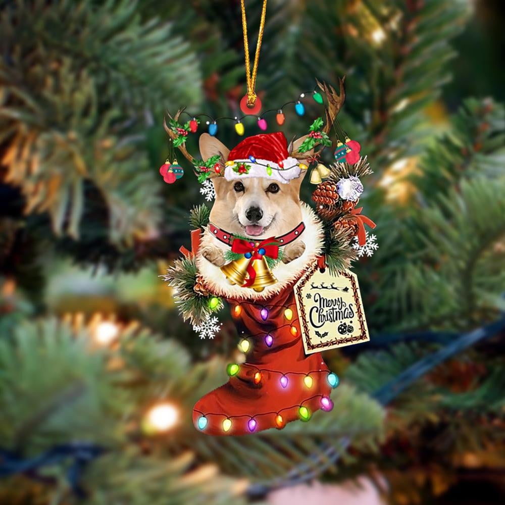 Corgi-Xmas Boot-Two Sided Christmas Plastic Hanging Ornament, Christmas Shape Ornament, Happy Christmas Ornament, Christmas Gift, Christmas Decoration