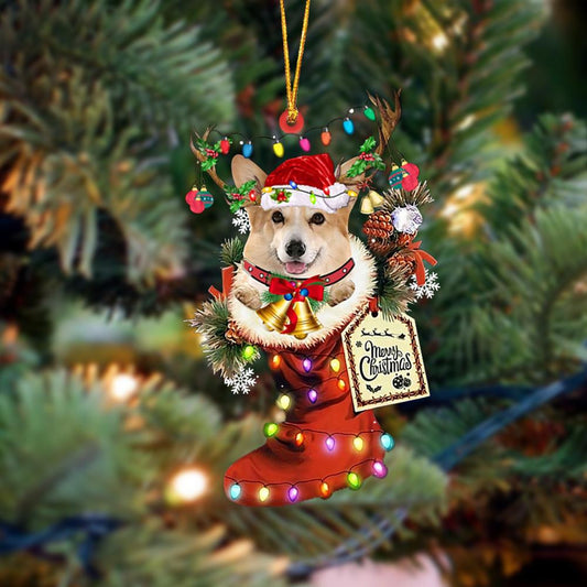Corgi-Xmas Boot-Two Sided Christmas Plastic Hanging Ornament, Christmas Shape Ornament, Happy Christmas Ornament, Christmas Gift, Christmas Decoration