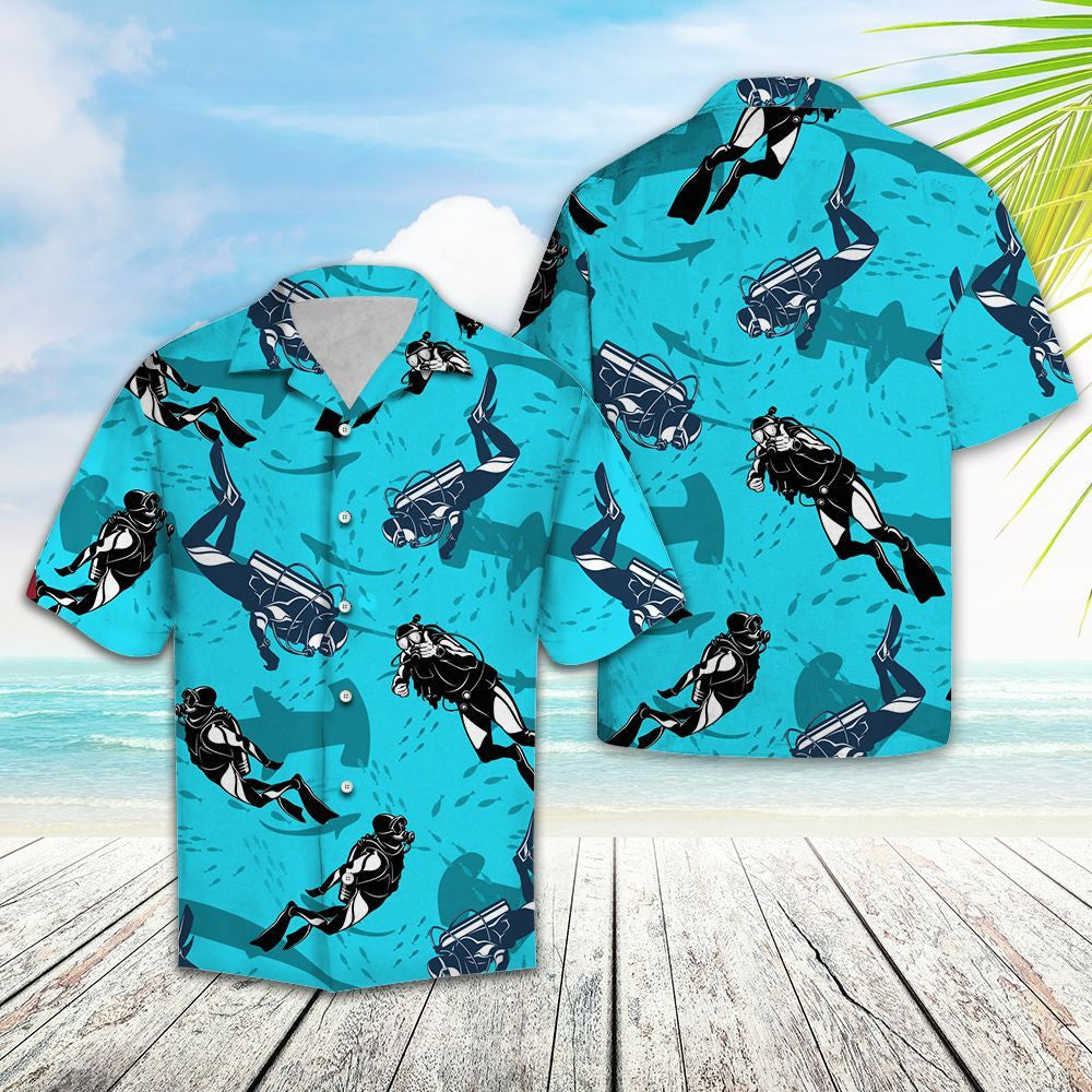 Deep Blue Sea Scuba Driving With Shark Pattern Hawaiian Shirt, Hawaiian Shirt Gift, Christmas Gift
