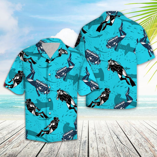 Deep Blue Sea Scuba Driving With Shark Pattern Hawaiian Shirt, Hawaiian Shirt Gift, Christmas Gift