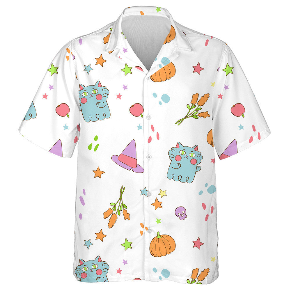 Halloween Witch Hat Ghost Cat And Autumn Flowers Hawaiian Shirt, Hawaiian Shirt Gift, Christmas Gift