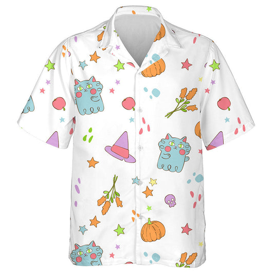 Halloween Witch Hat Ghost Cat And Autumn Flowers Hawaiian Shirt, Hawaiian Shirt Gift, Christmas Gift