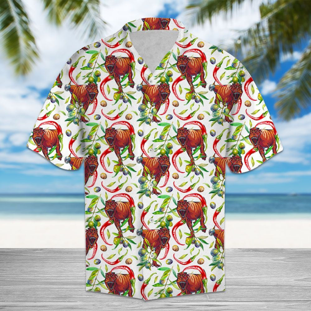 Hot Red Chili Peppers And T-rex Pattern Hawaiian Shirt, Hawaiian Shirt Gift, Christmas Gift