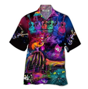 Colorful Guitar Cats Background Design Hawaiian Shirt, Hawaiian For Gift