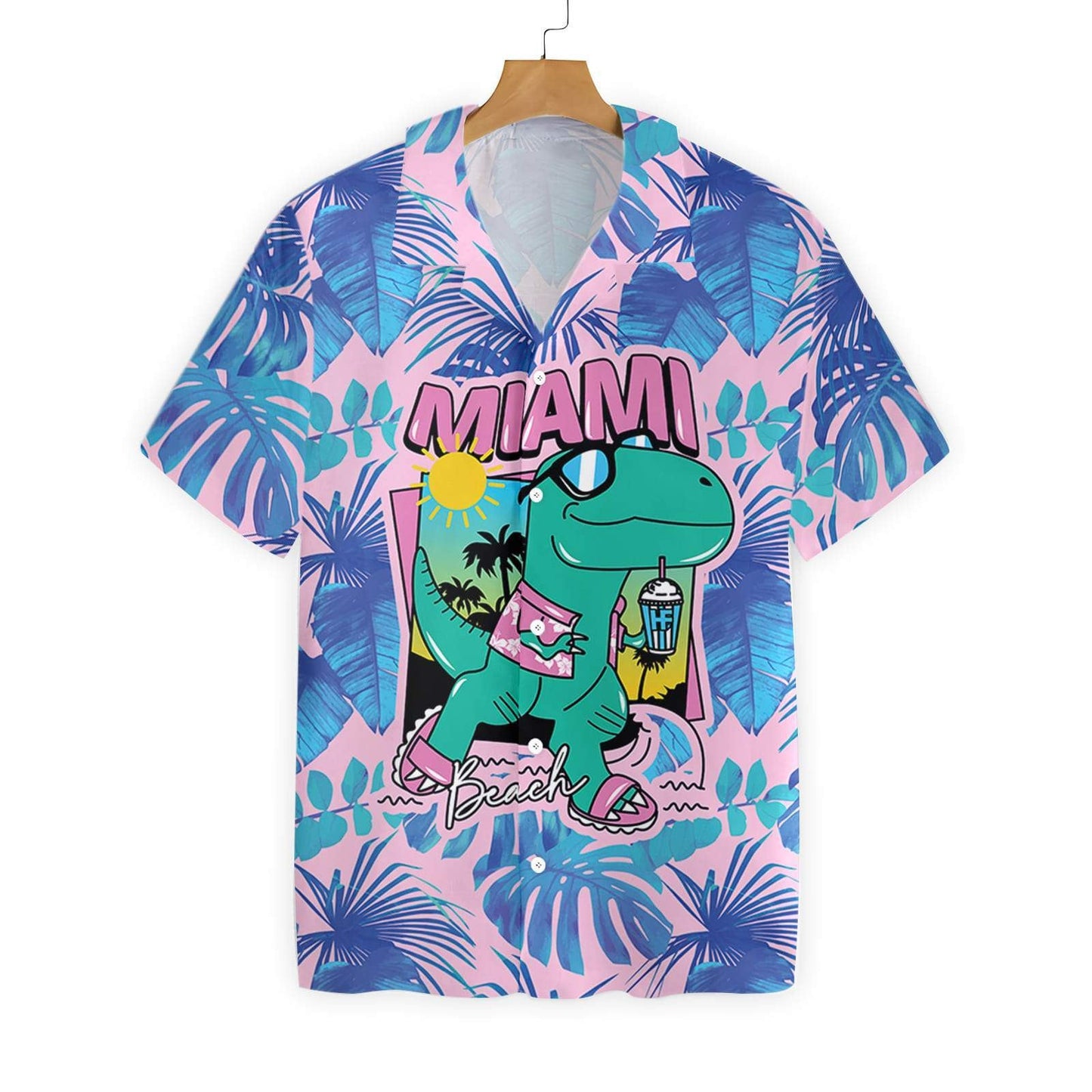 Cool T- Rex Dinosaur Blue Leave Pink Theme Hawaiian Shirt, Hawaiian Shirt Gift, Christmas Gift