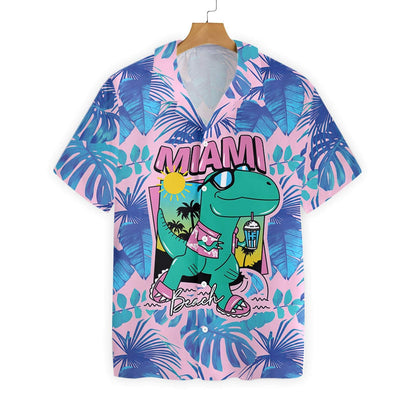Cool T- Rex Dinosaur Blue Leave Pink Theme Hawaiian Shirt, Hawaiian Shirt Gift, Christmas Gift