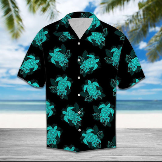 Turtle Dark Turquoise And Black Design Hawaiian Shirt, Hawaiian For Gift