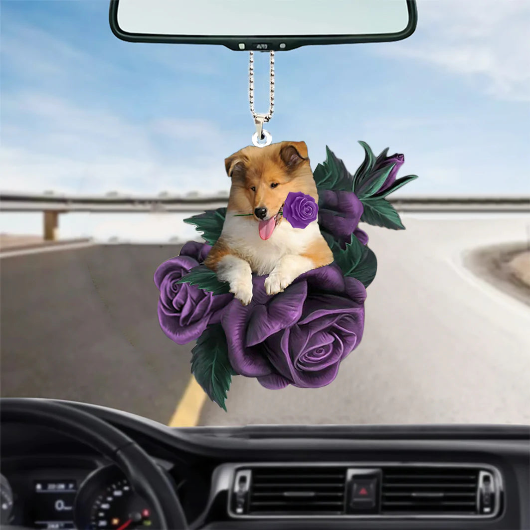 Rough Collie In Purple Rose Car Hanging Ornament, Christmas Decoration