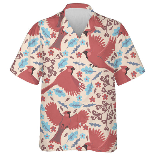 Red Cardinal And Flower With Leaves On White Hawaiian Shirt, Hawaiian Shirt Gift, Christmas Gift